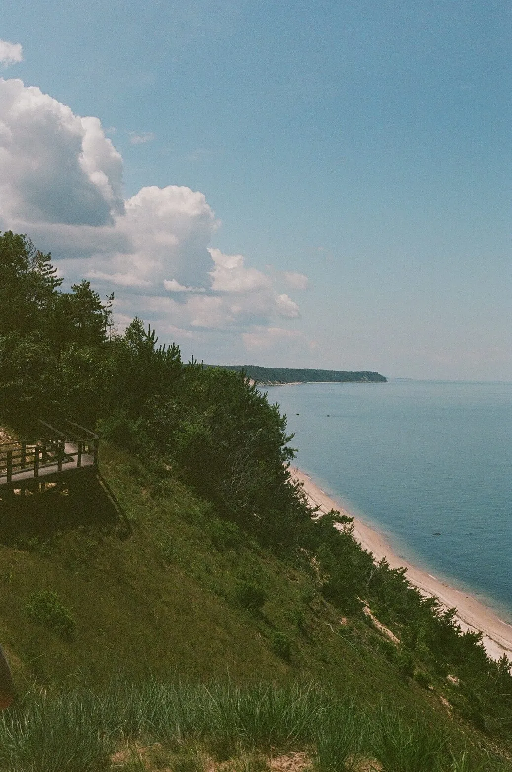 The bluff at Friar's Head dropping down to the beach and Long Island Sound, a wooden boardwalk descending through the dune grass, the coastline stretching into the distance, shot on 35mm film
