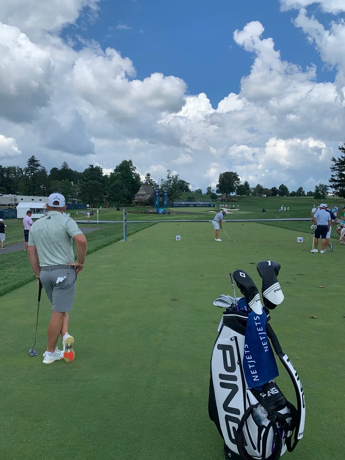 Behind Tyrrell Hatton on the driving range with his PING bag