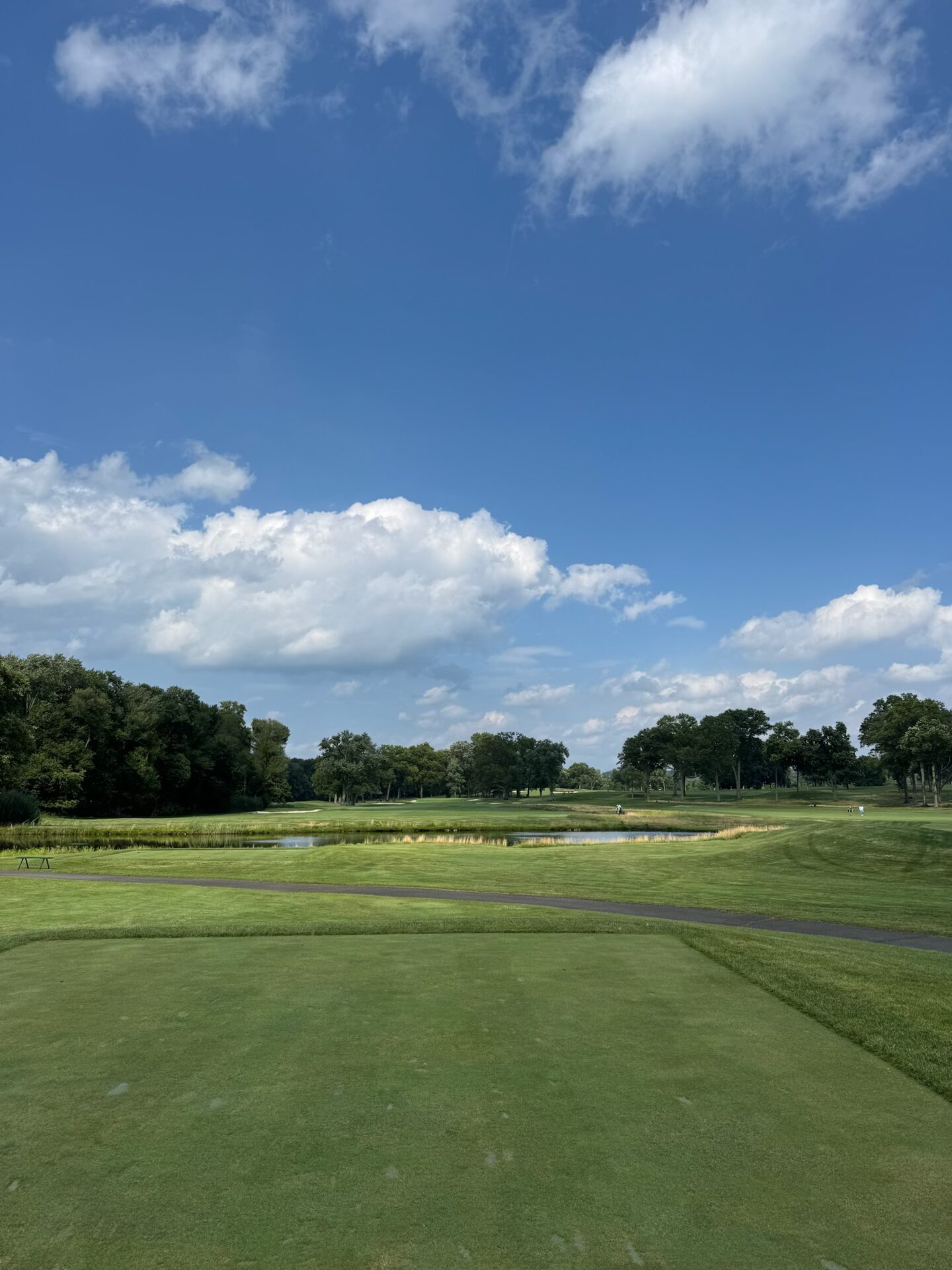 Tee shot over water at Mountain Ridge, the pond reflecting the sky with bunkers and fairway beyond