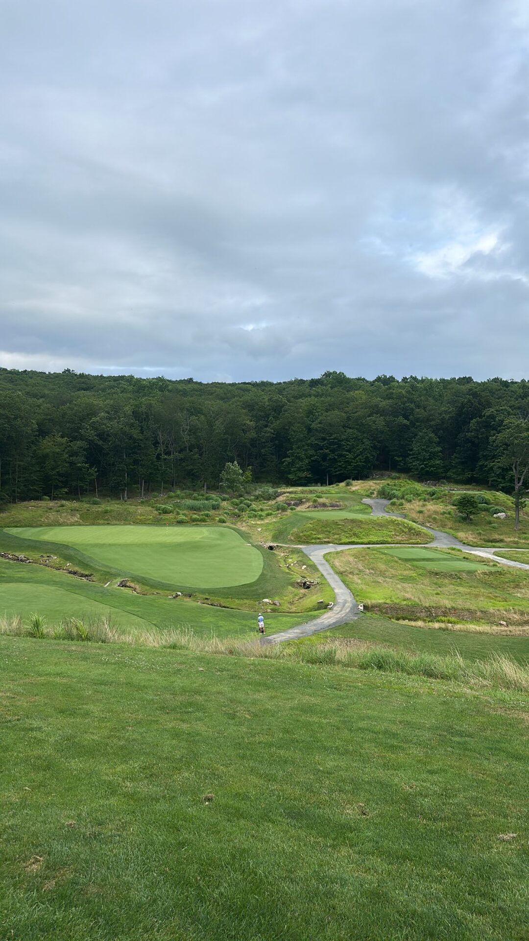 Multiple greens and tees cascading down a hillside at North Jersey, with a creek winding through exposed rock outcroppings and restored native areas, the forest backdrop showing the scale of the terrain